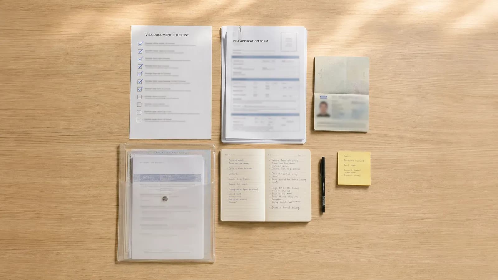 Visa documents and application forms on a desk
